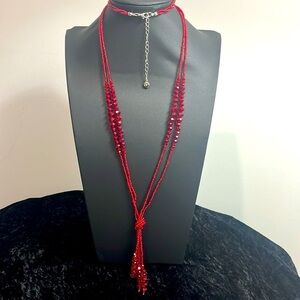 C1946 Bright Red Long Seed Beaded Necklace